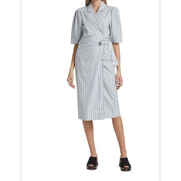Ganni Dresses & Skirts - Ganni Women's Striped Draped Wrap Midi Dress Blue Size 42 Casual